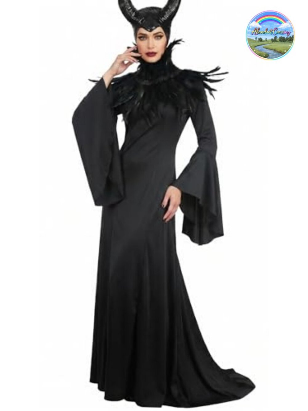 Gothic Witch Costume Set Dress Feather Shawl Horn Headpiece Women's Halloween